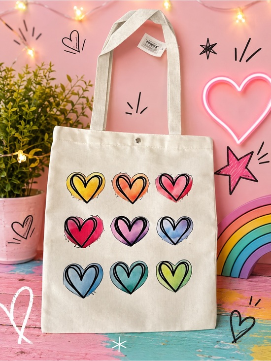 Handbags - Canvas Tote Bag with Rainbow Heart Print - measures 13x15(w/o shoulder straps)